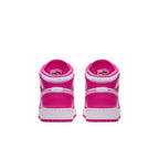 Rear view of the Jordan 1 Mid Hyper Pink White (GS) sneakers showcasing vibrant pink and white design.