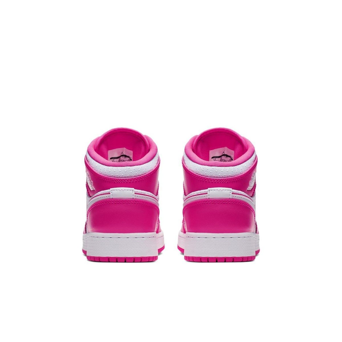 Rear view of the Jordan 1 Mid Hyper Pink White (GS) sneakers showcasing vibrant pink and white design.