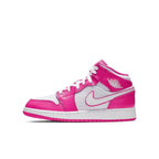 Air Jordan 1 Mid GS Hyper Pink and White sneaker featuring vibrant design and iconic Swoosh.