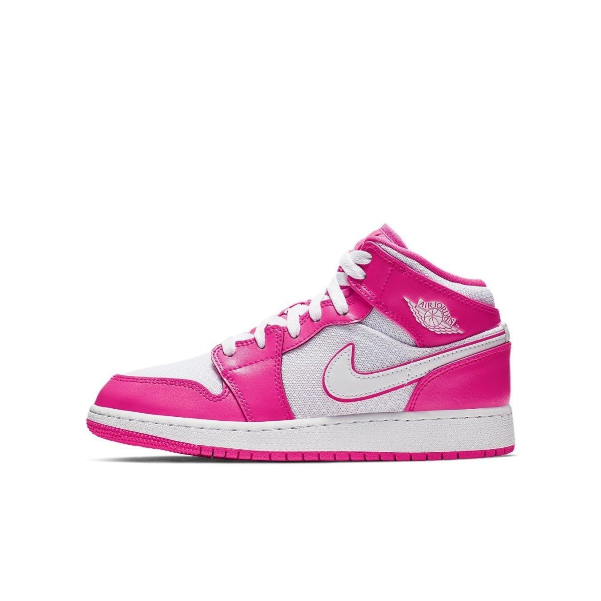 Air Jordan 1 Mid GS Hyper Pink and White sneaker featuring vibrant design and iconic Swoosh.
