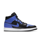 Nike Air Jordan 1 Mid Hyper Royal in black and blue tumbled leather, showcasing a sleek basketball sneaker design.