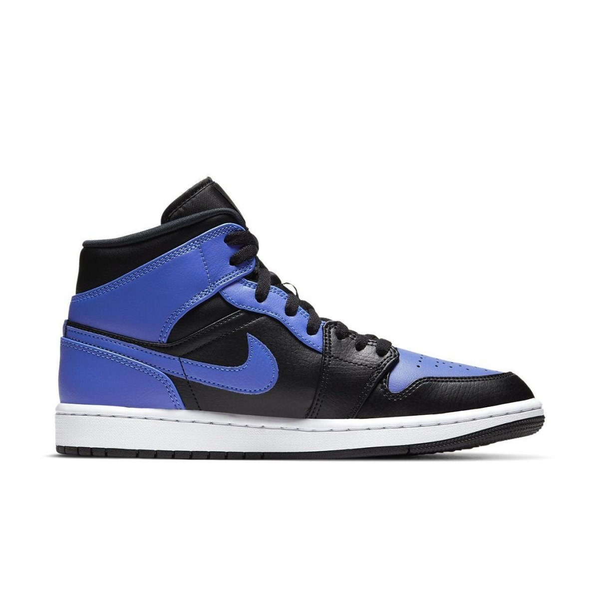 Nike Air Jordan 1 Mid Hyper Royal in black and blue tumbled leather, showcasing a sleek basketball sneaker design.
