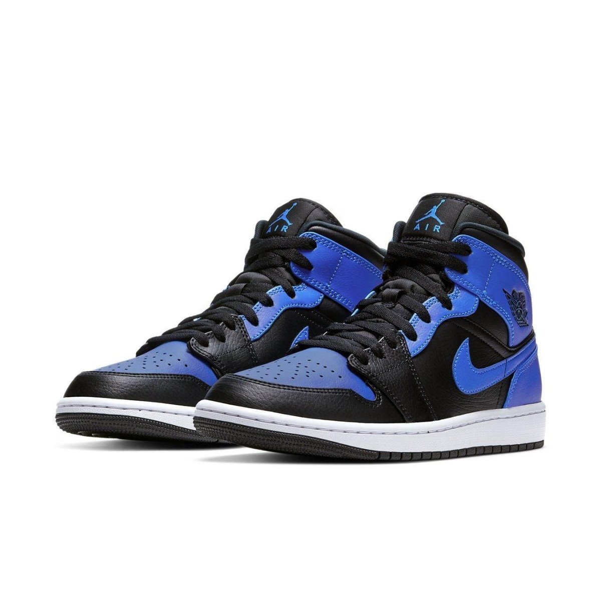 Air Jordan 1 Mid Hyper Royal sneakers in black and blue leather with white sole.