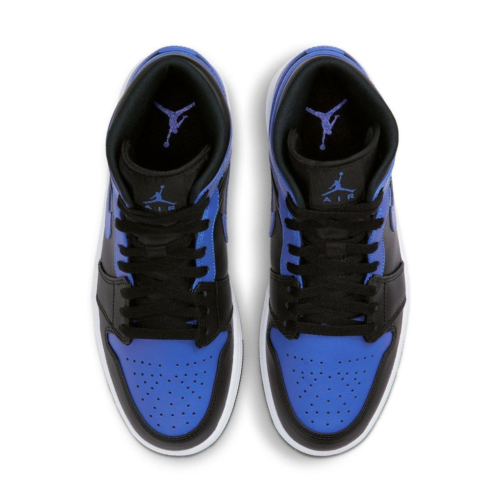 Air Jordan 1 Mid Hyper Royal top view featuring black and Hyper Royal tumbled leather design.