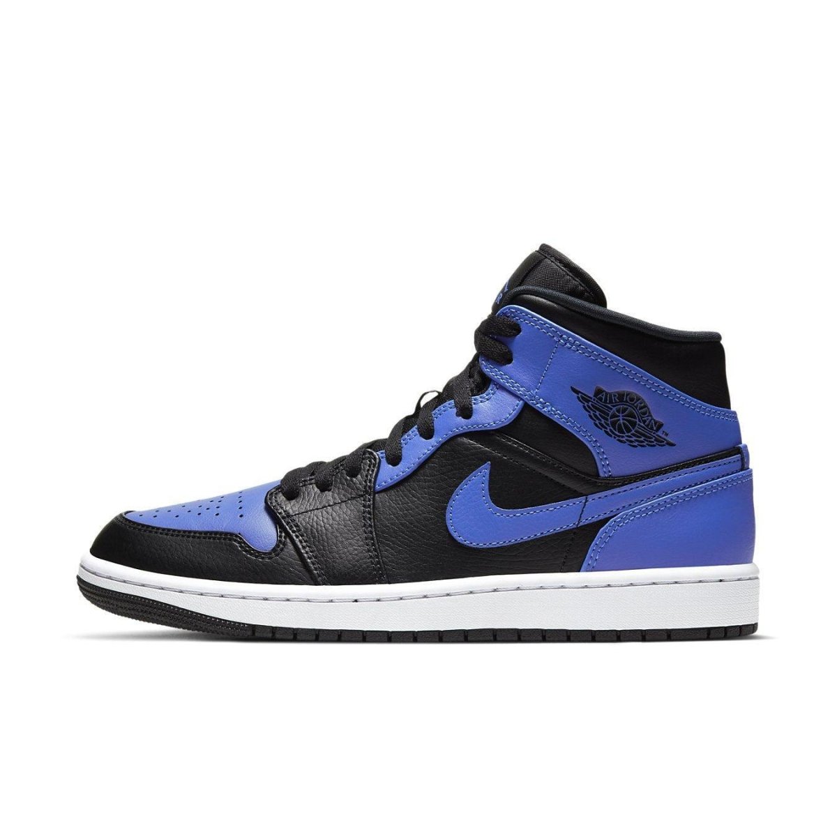 Nike Air Jordan 1 Mid Hyper Royal Tumbled Leather in black and blue colorway, stylish high-top design for basketball.