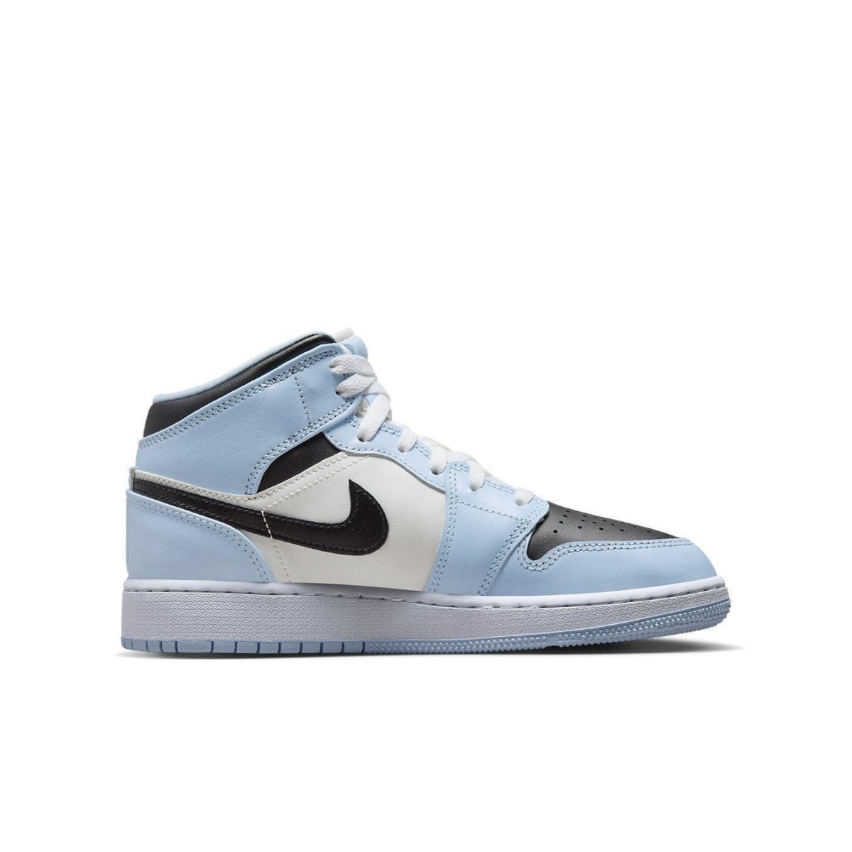 Air Jordan 1 Mid Ice Blue GS featuring light blue leather with black accents and classic Nike branding.