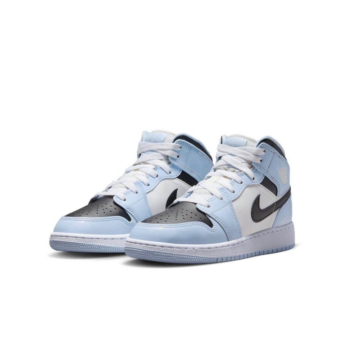 Jordan 1 Mid Ice Blue GS shoes featuring light blue leather, black accents, and classic Nike branding.