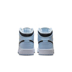 Rear view of Air Jordan 1 Mid Ice Blue GS showcasing icy blue leather and classic Nike branding.