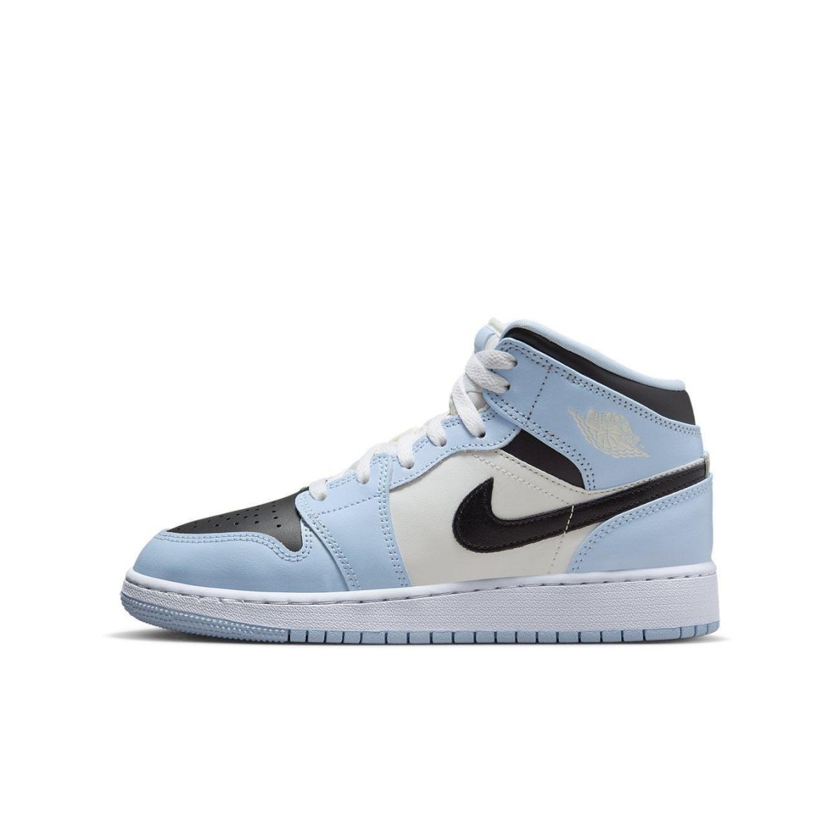 Air Jordan 1 Mid Ice Blue GS featuring ice blue leather, black and white accents, and classic Nike branding.