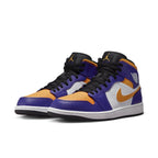 Air Jordan 1 Mid Lakers (2022) in white, purple, and yellow with premium leather finish.