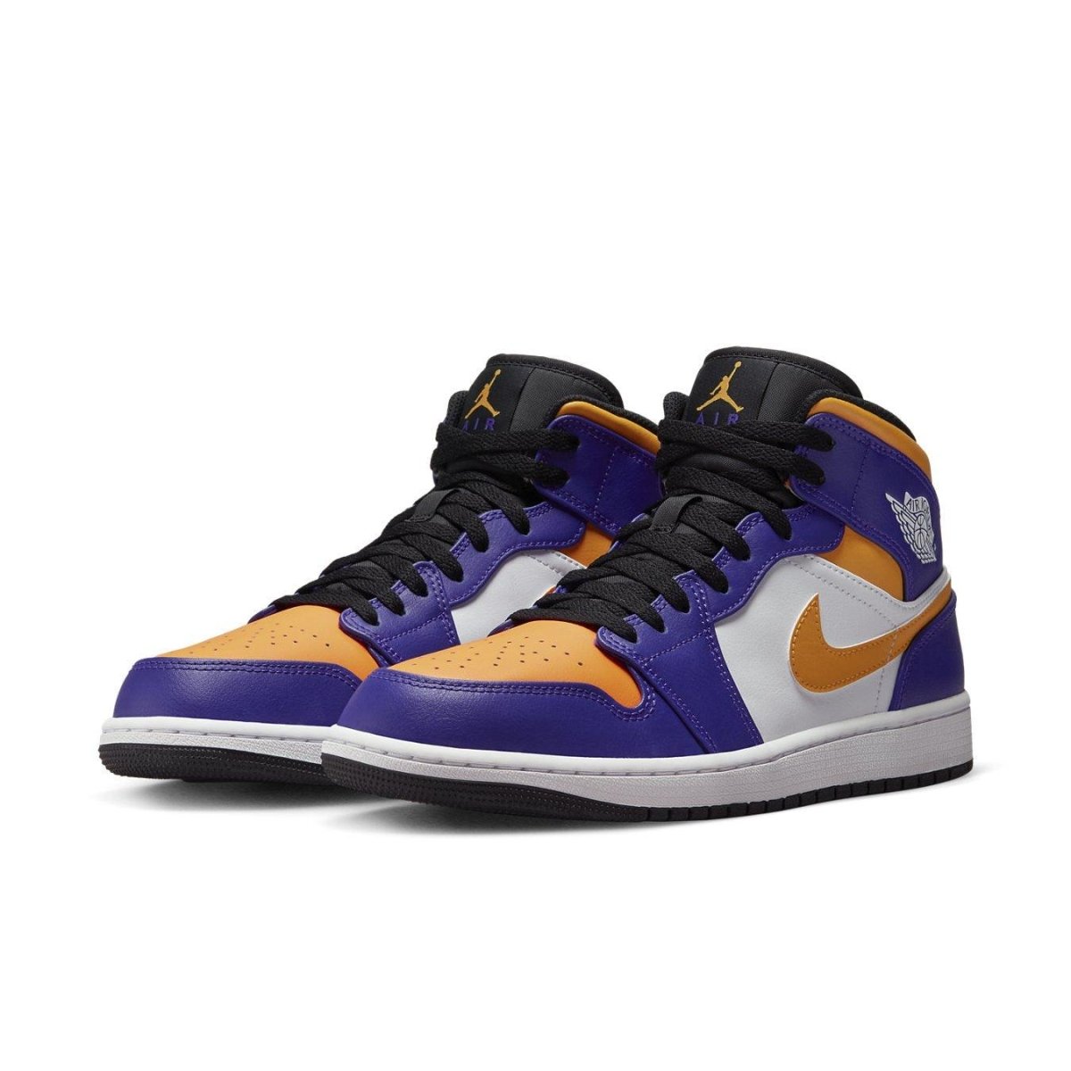 Air Jordan 1 Mid Lakers (2022) in white, purple, and yellow with premium leather finish.