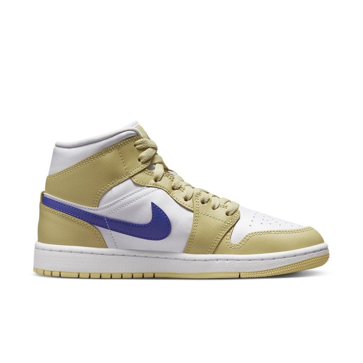 Jordan 1 Mid Lemon Wash Lapis women's sneakers in gold and purple, featuring a high-top design and stylish colorway.