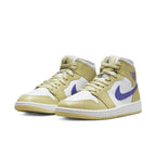 Jordan 1 Mid Lemon Wash Lapis women's sneakers with yellow and purple accents, featuring classic Air Jordan design.