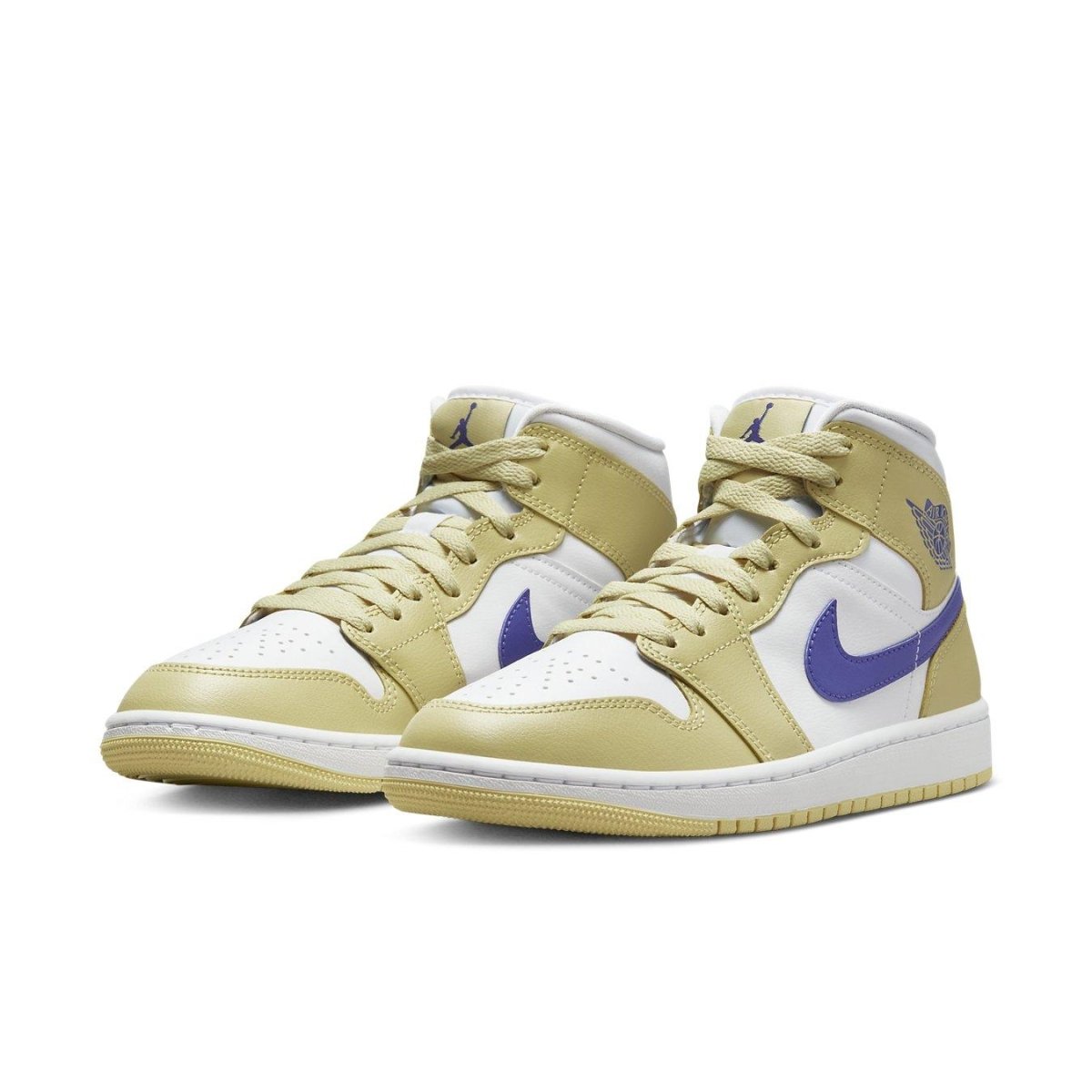 Jordan 1 Mid Lemon Wash Lapis women's sneakers with yellow and purple accents, featuring classic Air Jordan design.