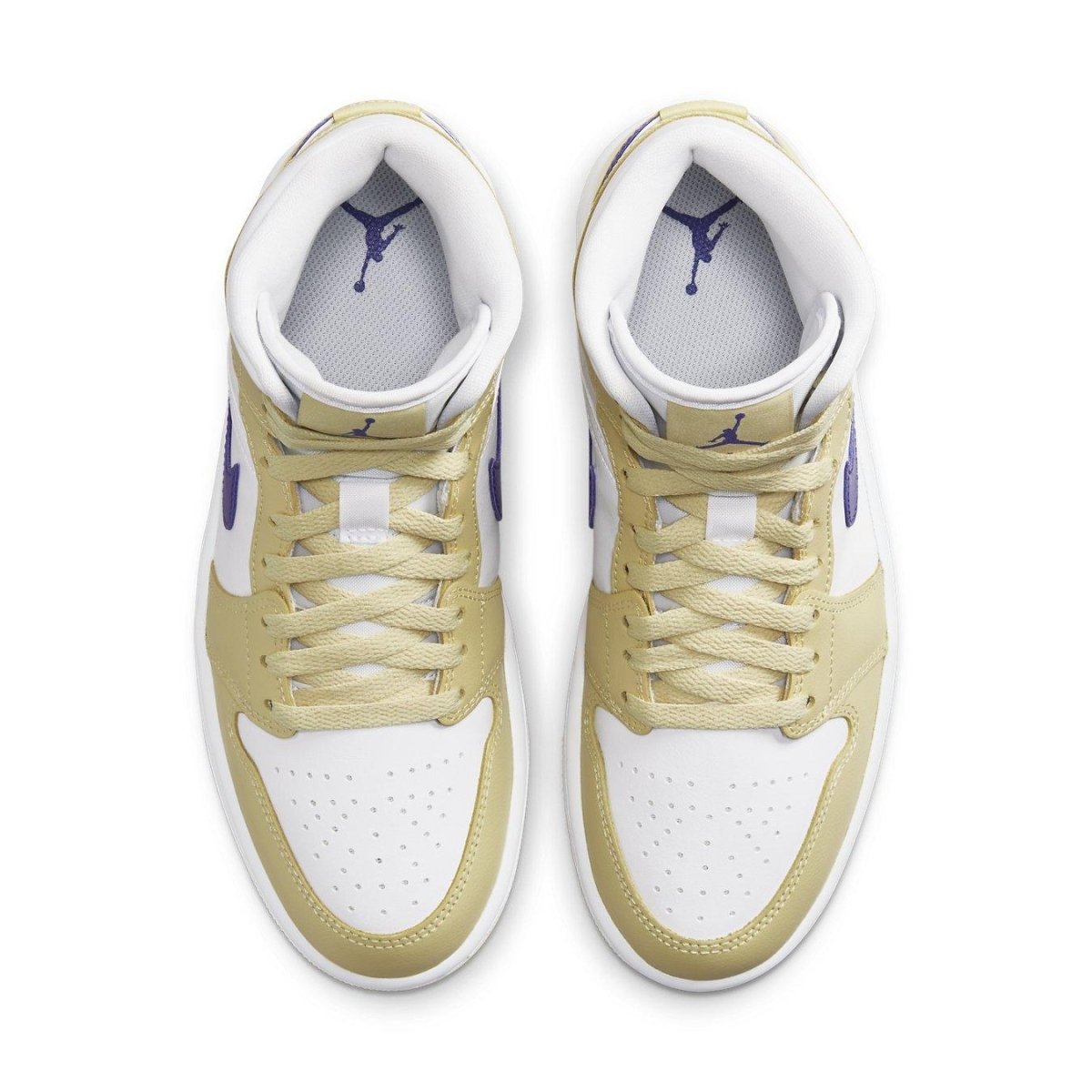 Jordan 1 Mid Lemon Wash Lapis (W) sneakers in gold and white with purple details, top view.