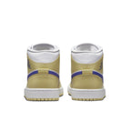 Rear view of the women's Jordan 1 Mid Lemon Wash Lapis sneakers showcasing yellow and blue design.