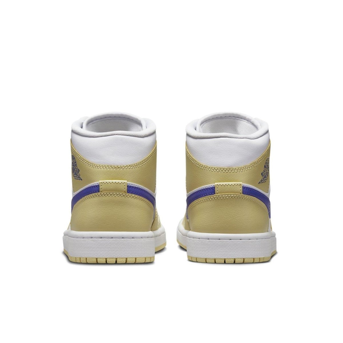 Rear view of the women's Jordan 1 Mid Lemon Wash Lapis sneakers showcasing yellow and blue design.