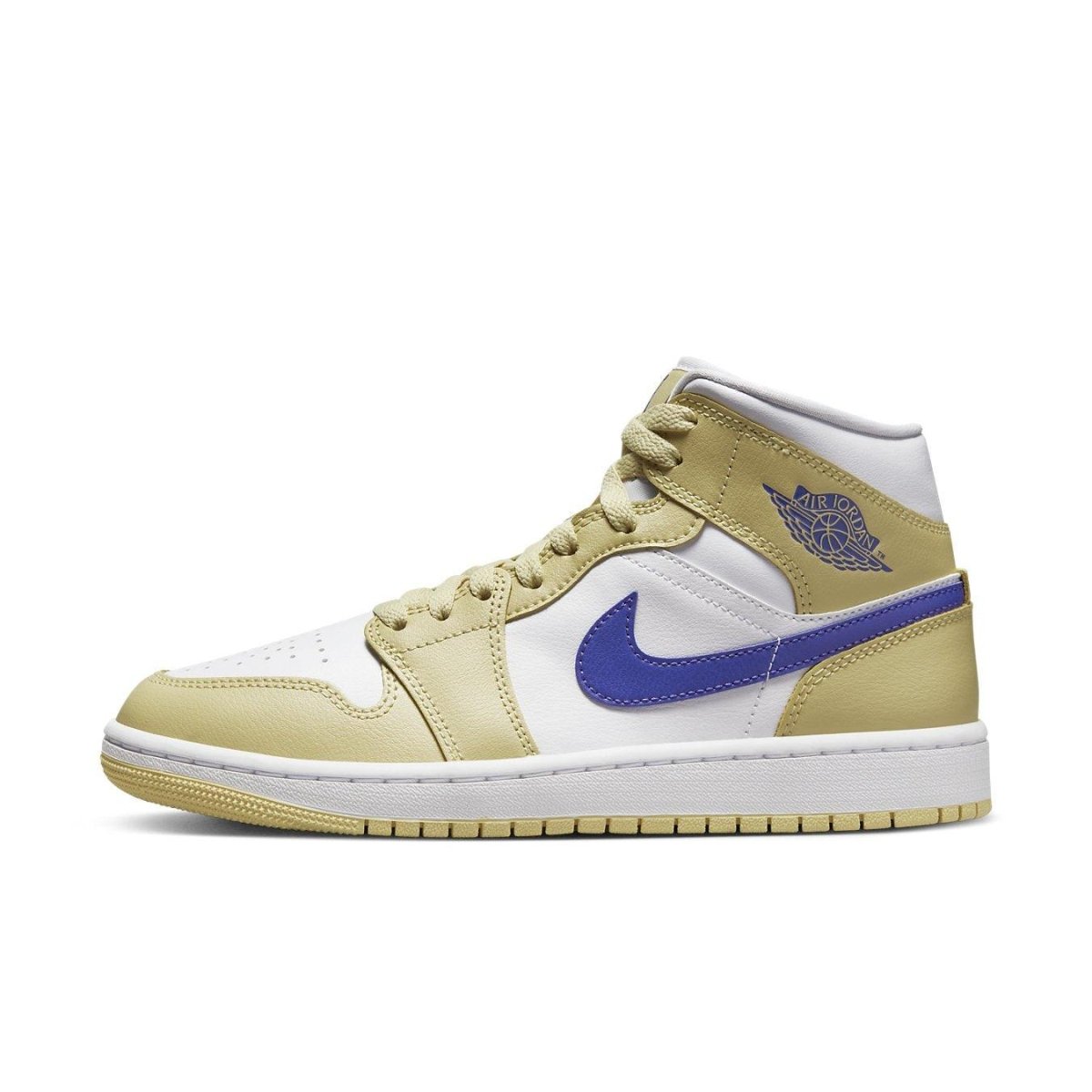Jordan 1 Mid Lemon Wash Lapis womens sneakers featuring yellow and purple accents on a white background.