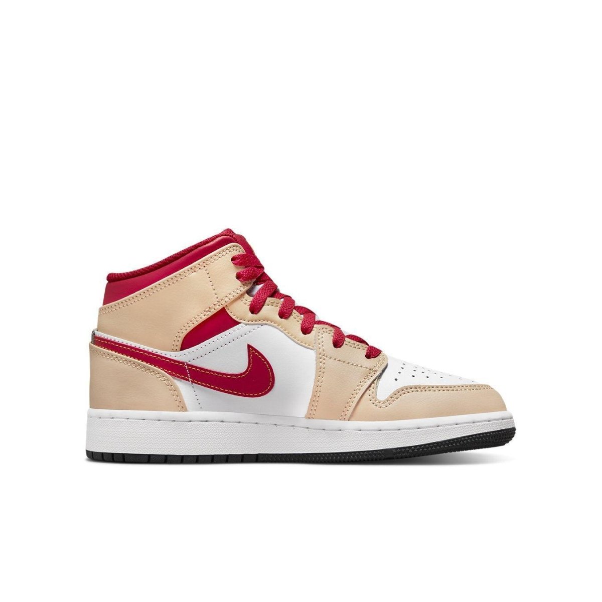 Nike Air Jordan 1 Mid Light Cardinal Curry GS in light beige and red, showcasing modern style and versatility.