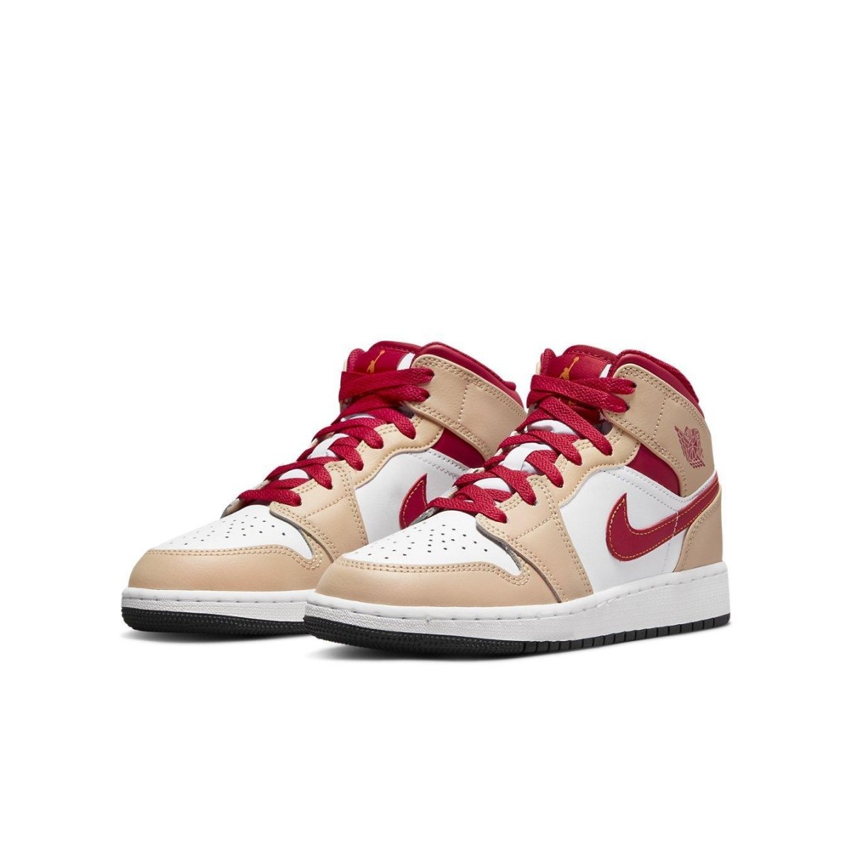 Jordan 1 Mid Light Cardinal Curry GS in beige and red, featuring classic and modern design for versatile style.