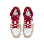 Air Jordan 1 Mid Light Cardinal Curry shoes, featuring tan and red design, perfect for casual wear.