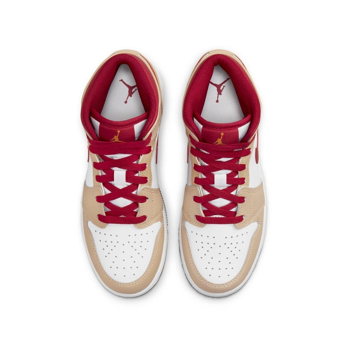 Air Jordan 1 Mid Light Cardinal Curry shoes, featuring tan and red design, perfect for casual wear.
