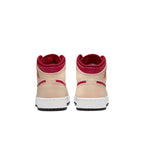 Back view of Air Jordan 1 Mid Light Cardinal Curry shoes showcasing modern design and luxurious materials.