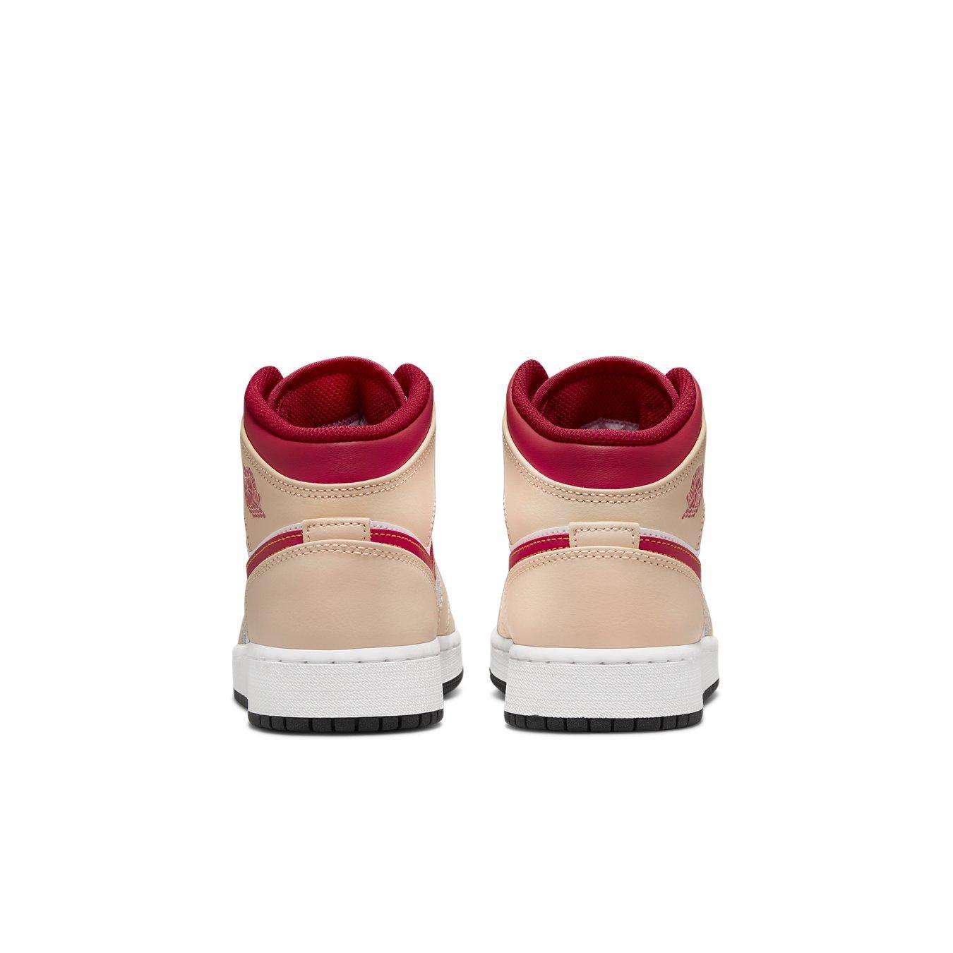 Back view of Air Jordan 1 Mid Light Cardinal Curry shoes showcasing modern design and luxurious materials.