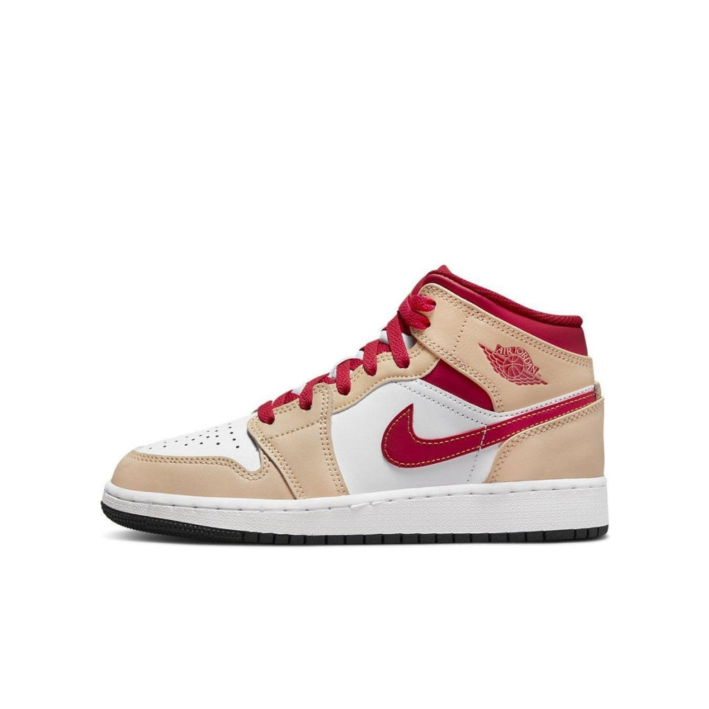 Air Jordan 1 Mid Light Cardinal Curry (GS) featuring a cream and red colorway, ideal for everyday wear.