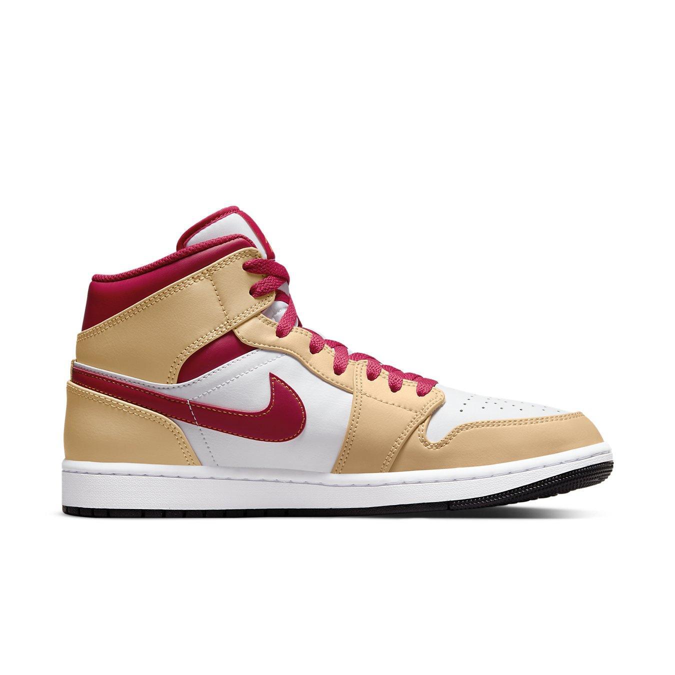 Air Jordan 1 Mid Light Curry Cardinal with beige and red accents, featuring a classic silhouette.