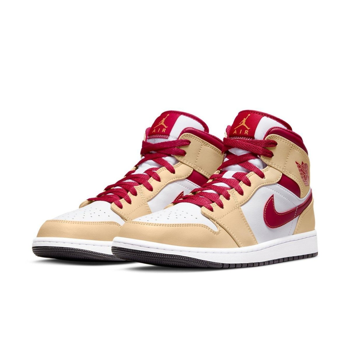 Air Jordan 1 Mid Light Curry Cardinal Red sneakers featuring beige, white, and bold red accents.
