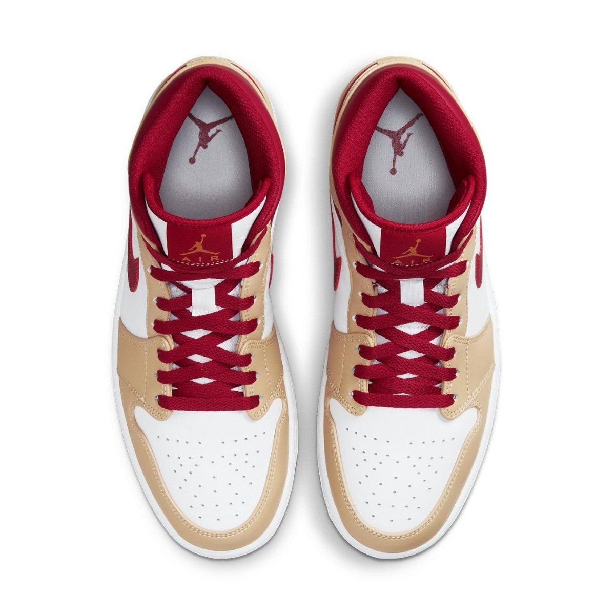 Air Jordan 1 Mid 'Light Curry Cardinal Red' featuring white, beige, and scarlet colorway on classic silhouette.