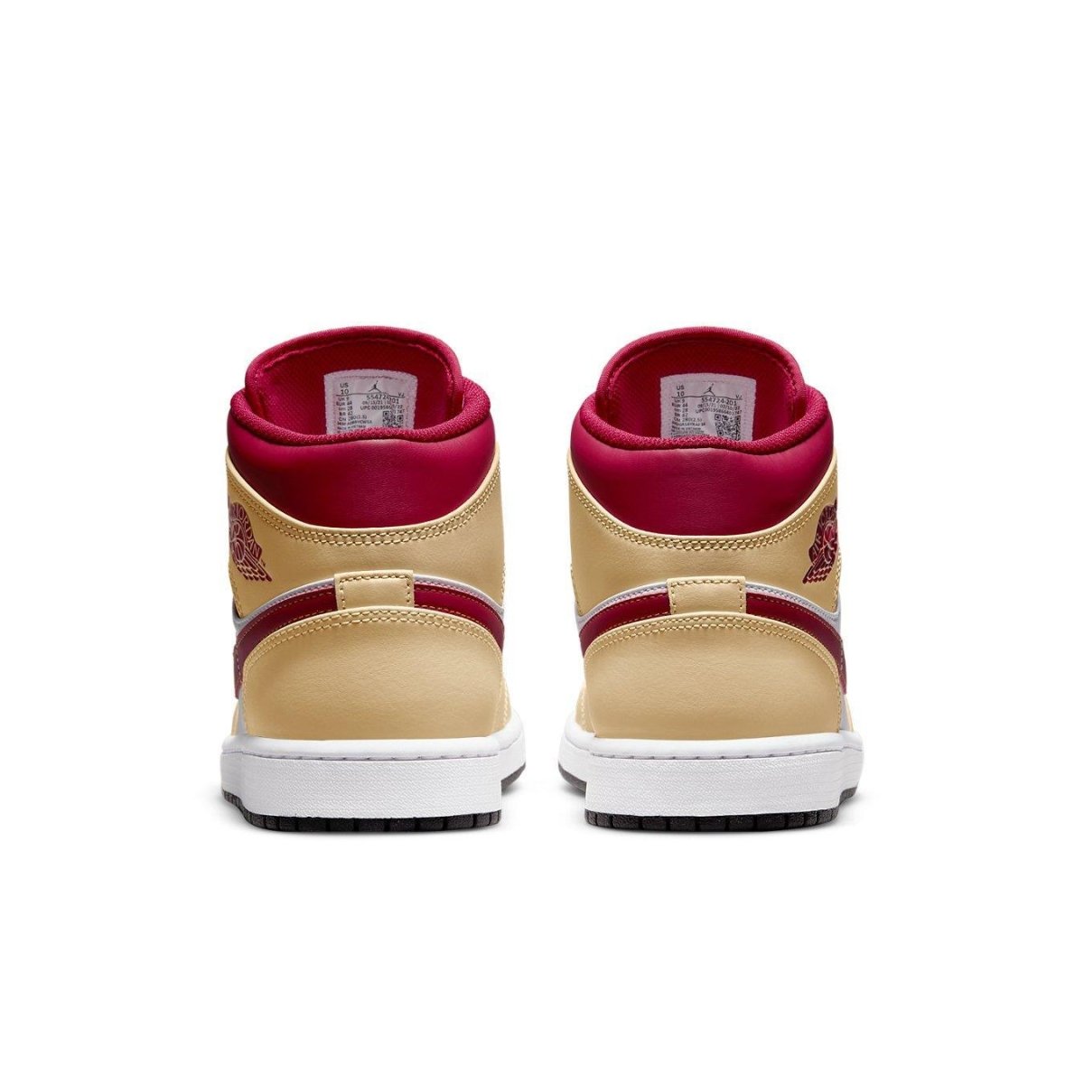 Air Jordan 1 Mid Light Curry Cardinal Red showcasing the back view with beige leather and bold cardinal accents.