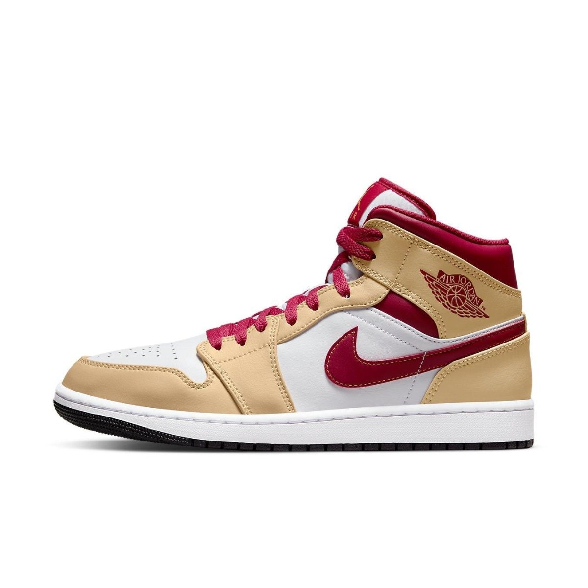 Air Jordan 1 Mid Light Curry Cardinal Red sneaker featuring white leather and beige overlays with red accents.