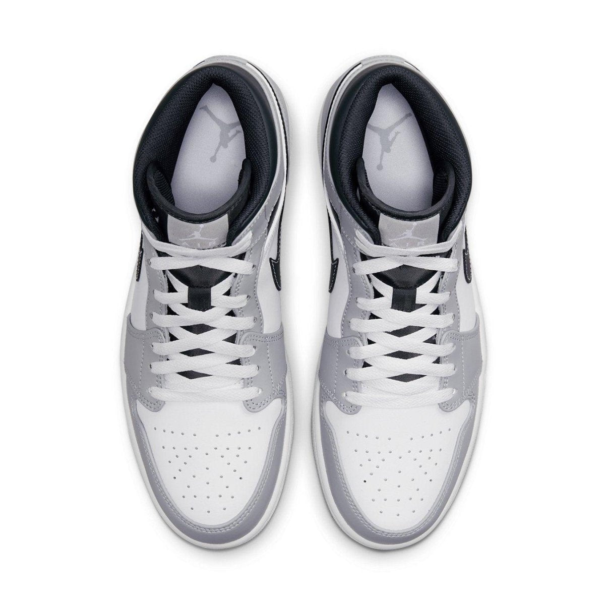 Top view of Jordan 1 Mid Light Smoke Grey Anthracite sneakers in leather with Swoosh and Wings logos.