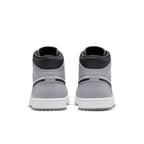 Jordan 1 Mid Light Smoke Grey Anthracite sneakers back view showcasing leather upper and Nike branding