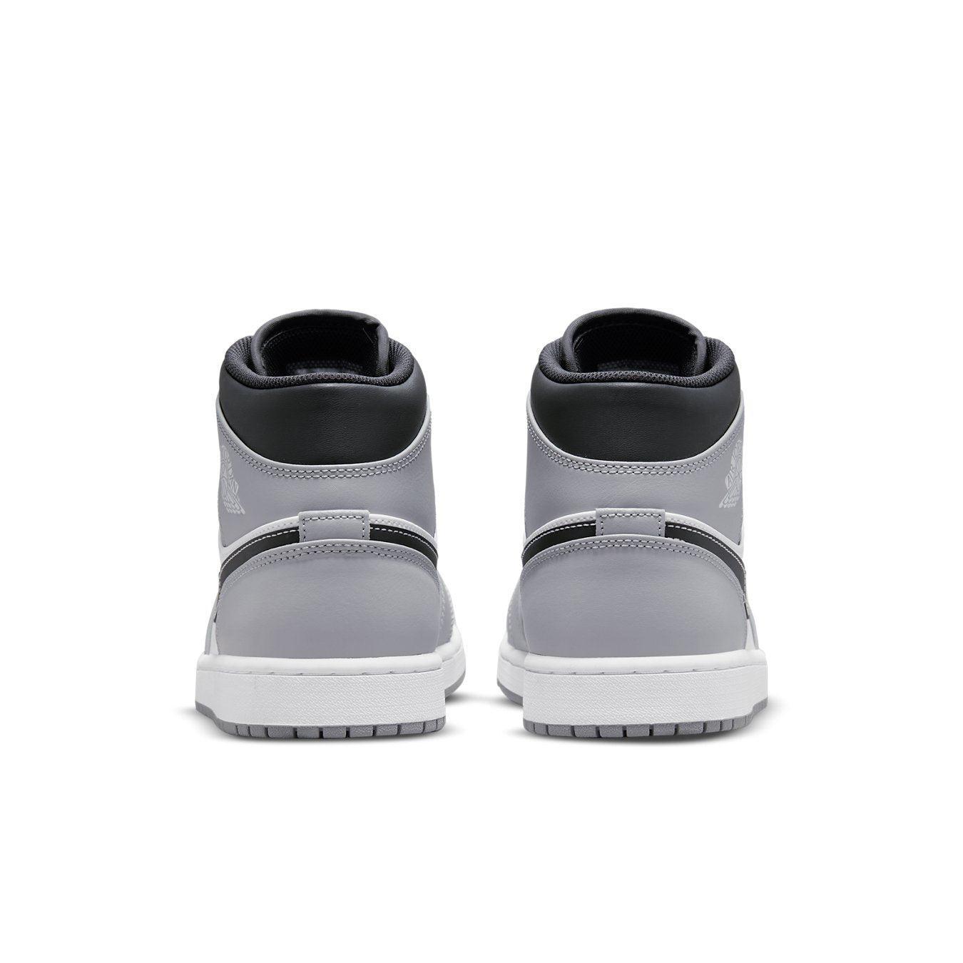 Jordan 1 Mid Light Smoke Grey Anthracite sneakers back view showcasing leather upper and Nike branding