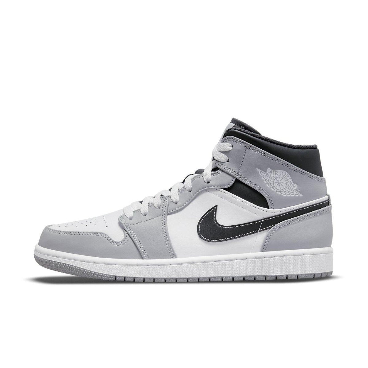 Jordan 1 Mid Light Smoke Grey Anthracite sneaker with leather upper, Nike Swoosh, and Wings logo for stylish comfort.