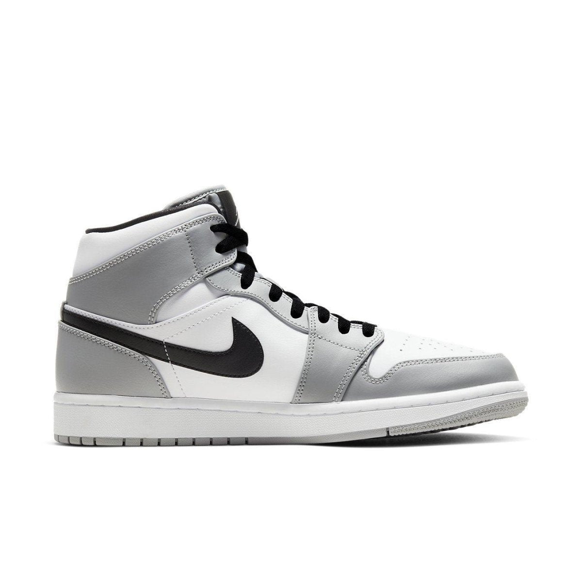 Air Jordan 1 Mid Light Smoke Grey sneaker showcasing a blend of white and grey leather with black accents.