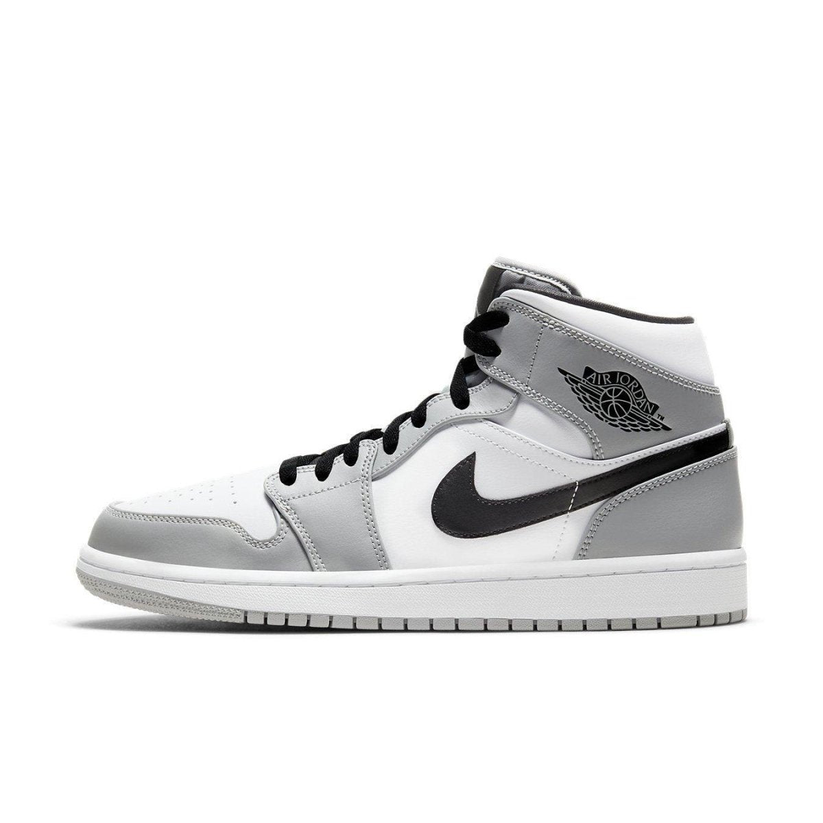 Air Jordan 1 Mid Light Smoke Grey sneaker featuring a sleek design in grey and white.
