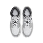 Air Jordan 1 Mid Light Smoke Grey (GS) top view showcasing gray and white leather design with black Swoosh.