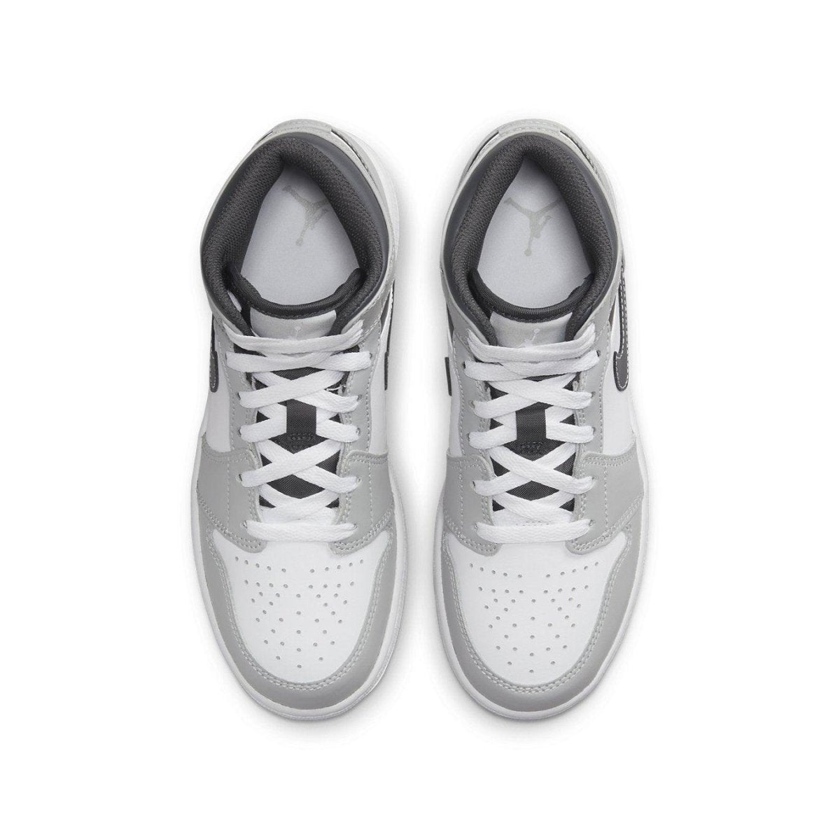 Air Jordan 1 Mid Light Smoke Grey (GS) top view showcasing gray and white leather design with black Swoosh.