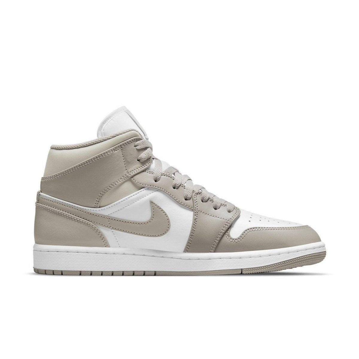 Jordan 1 Mid Linen sneakers in white and College Grey featuring leather upper and contrasting linen collar.