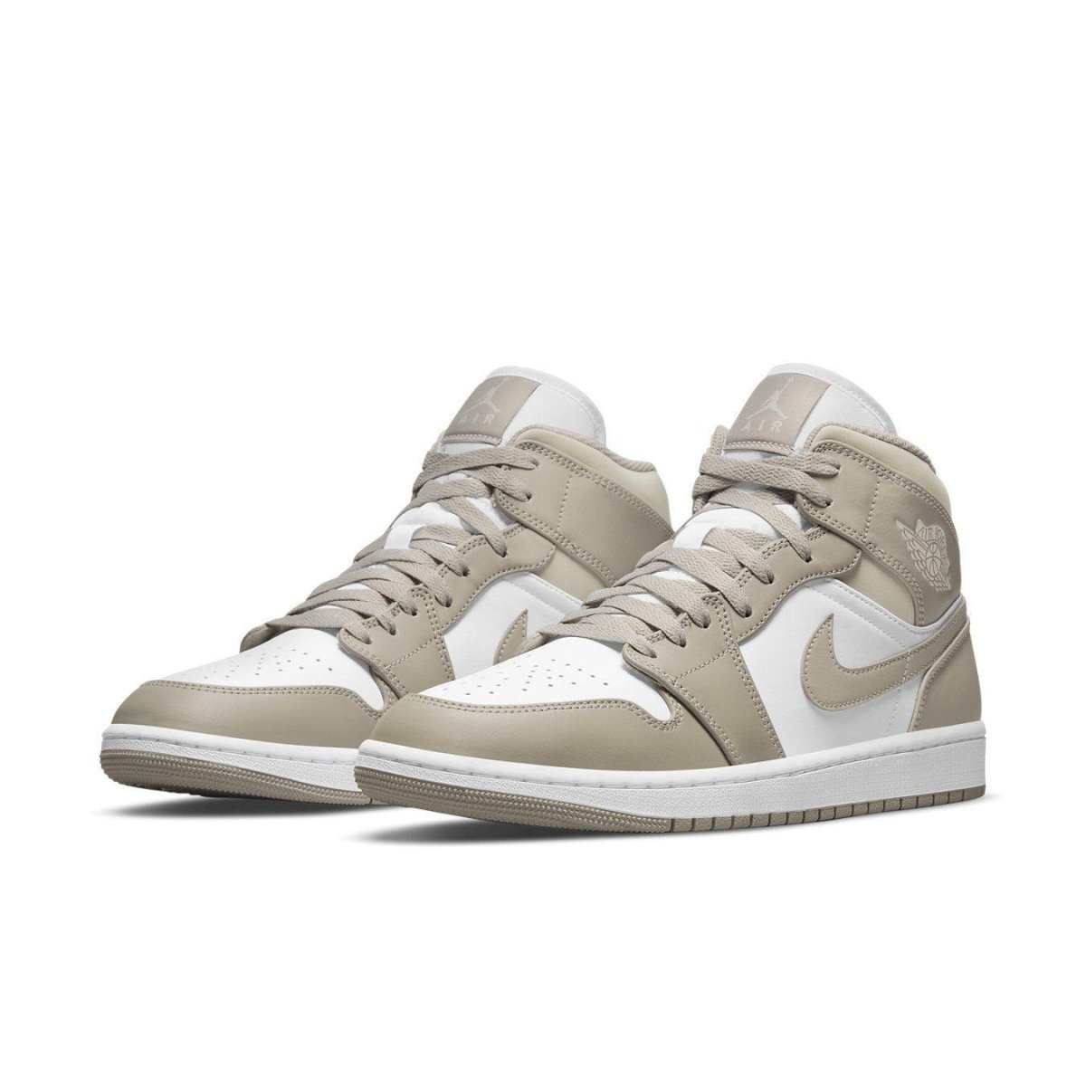 Jordan 1 Mid Linen sneakers featuring white leather with College Grey accents and linen collar detail.