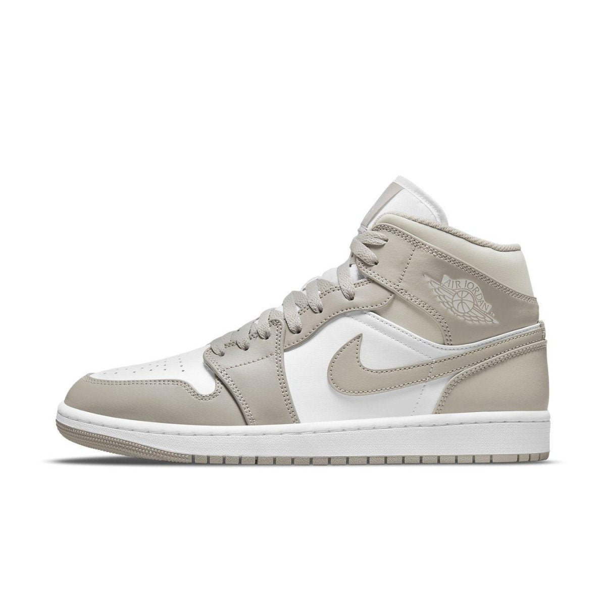 Jordan 1 Mid Linen in white leather with College Grey overlays, featuring linen accents and textured sole.