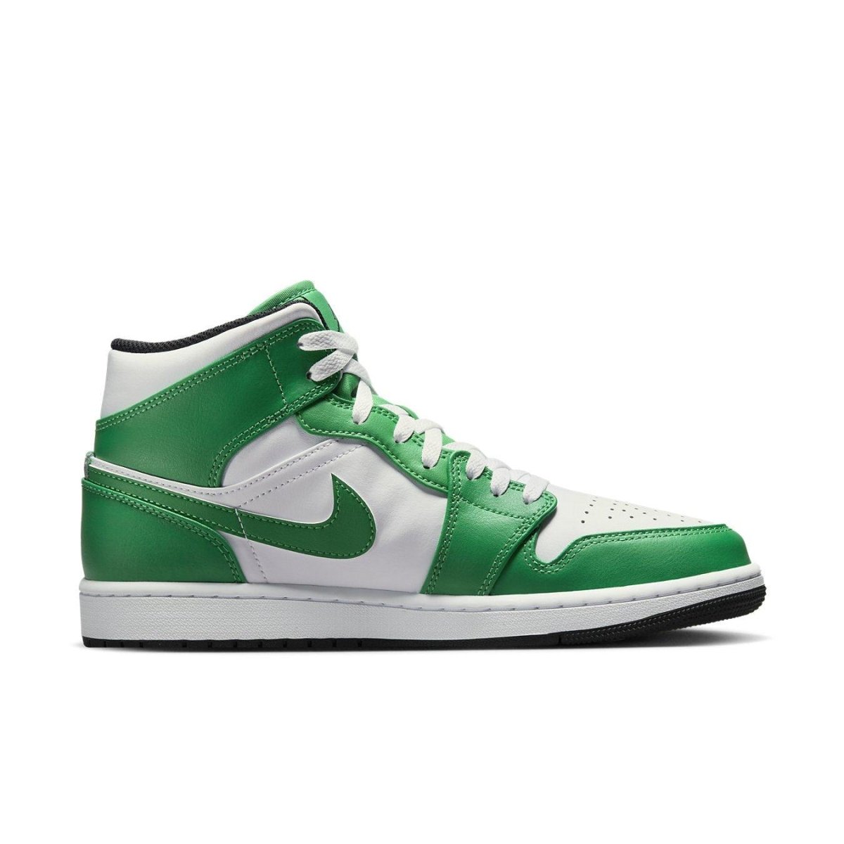 Jordan 1 Mid Lucky Green sneaker featuring a white and green colorway, inspired by Boston Celtics, with mid-top silhouette.