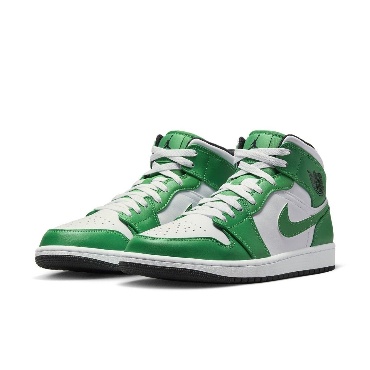 Jordan 1 Mid Lucky Green sneakers featuring bright green and white colorway, inspired by Boston Celtics.