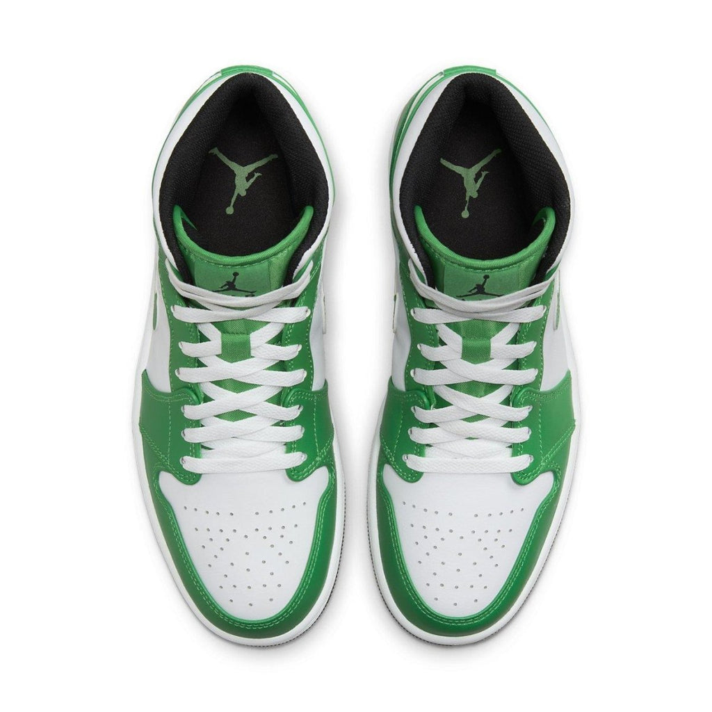 Air Jordan 1 Mid Lucky Green top view showcasing white leather and vibrant green accents, inspired by Boston Celtics.