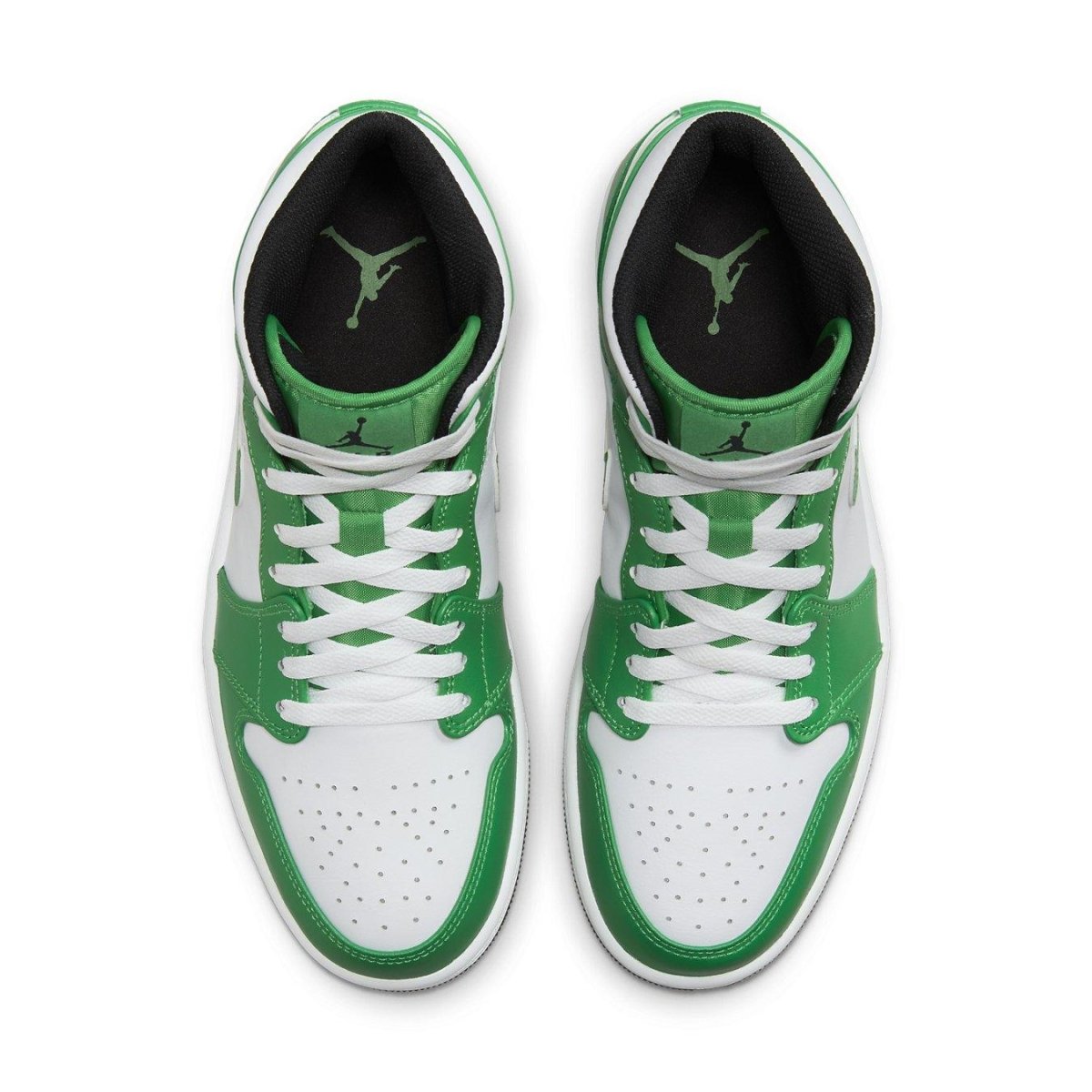 Air Jordan 1 Mid Lucky Green top view showcasing white leather and vibrant green accents, inspired by Boston Celtics.