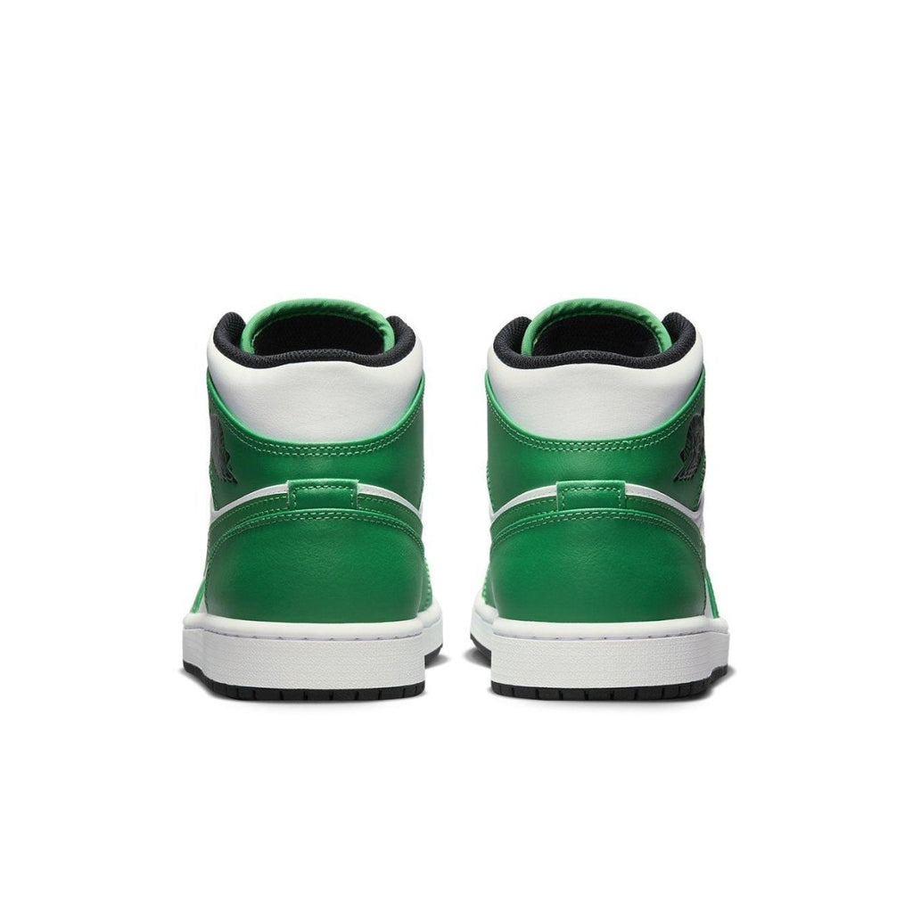 Jordan 1 Mid Lucky Green sneaker back view highlighting vibrant green and white design.